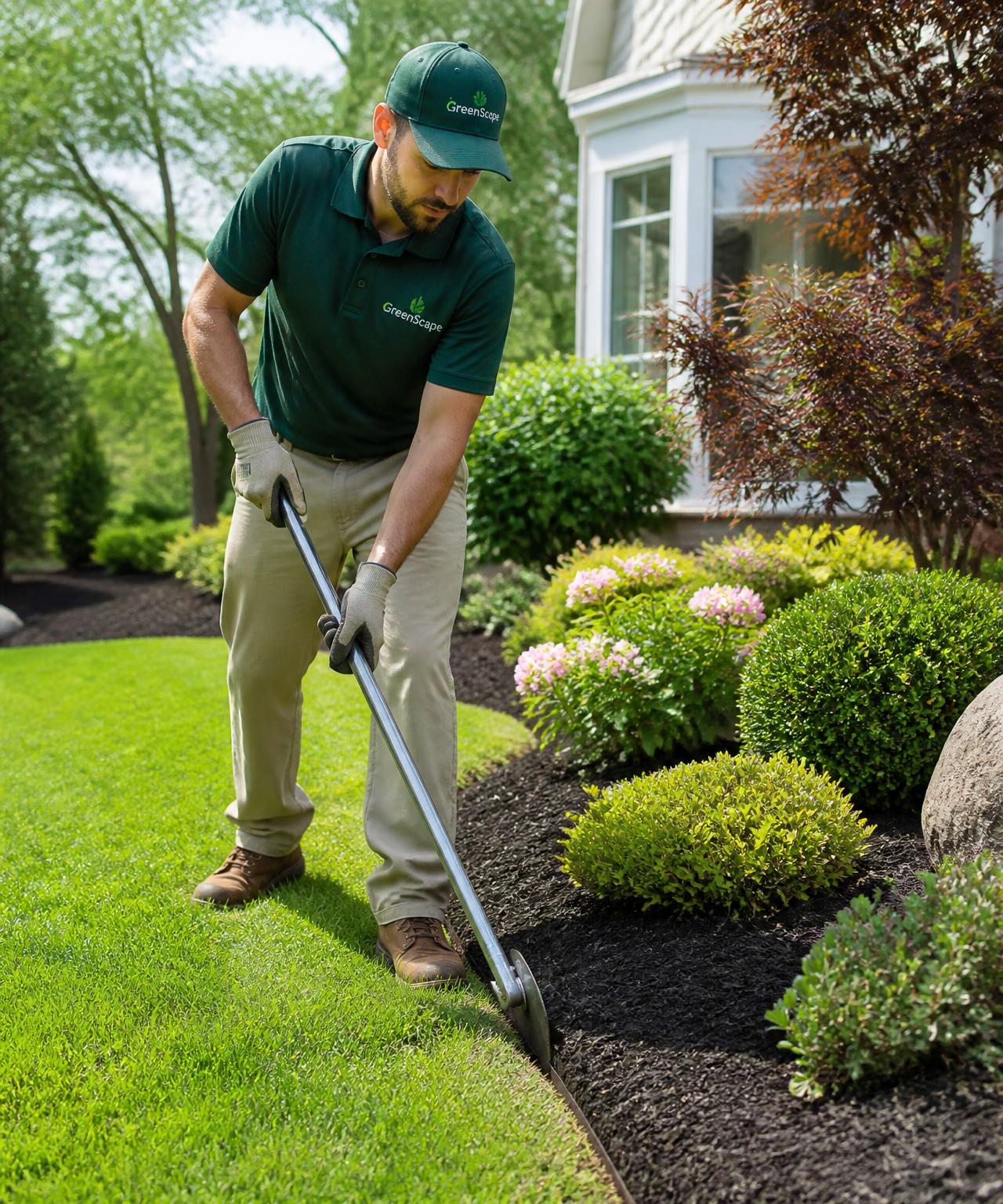 EZ Lawncare team member edging a lawn beside freshly mulched flower beds